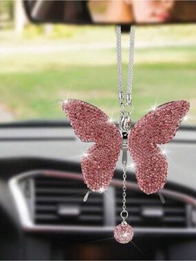 Pink Rhinestone Butterfly Pendant Car Rearview Mirror Hanging Charm